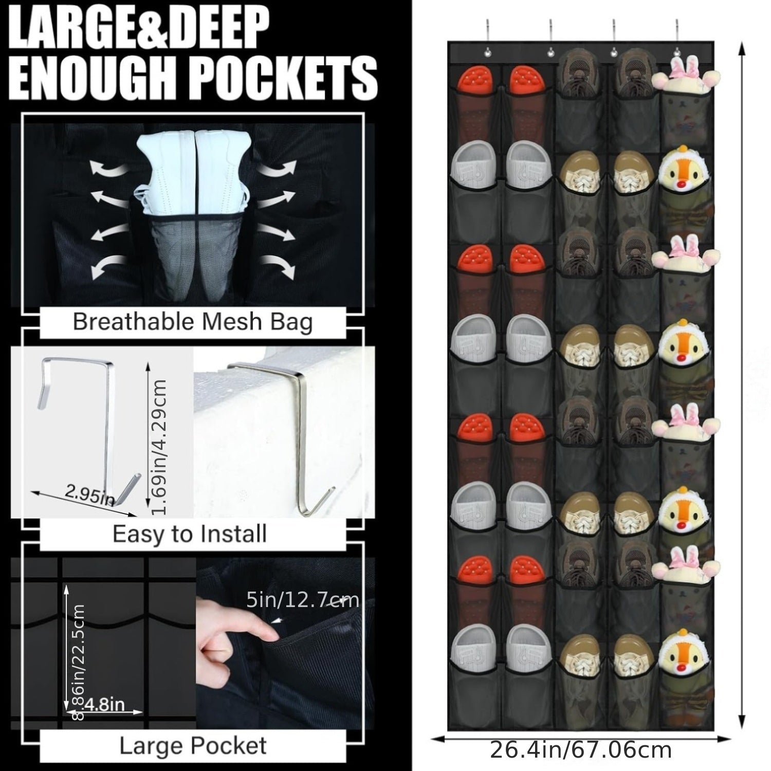 40-Pocket Over The Door Shoe Organizer | Large Mesh Hanging Rack with Nonslip Design | Gray Behind Door Storage for Closet, Dorm Room & College | Space-Saving Solution for Back to School & Classroom Organization, Shoe Storage