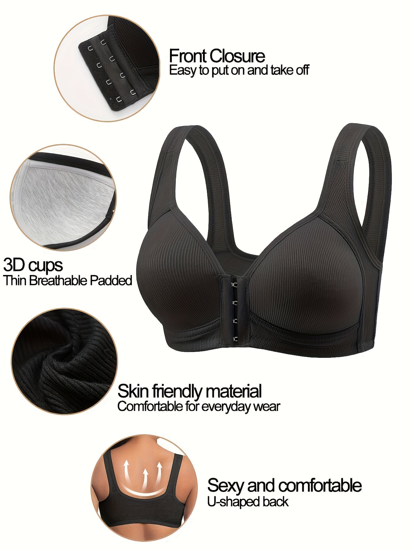 [3pcs Comfortable Bras] 3pcs Women's Bras - No Underwire Front Closure, Full Coverage, Soft Breathable High Elasticity, Striped Design with Fixed Padded Cups, Elegant Round Neckline for Everyday Comfort & Support, Comfortable