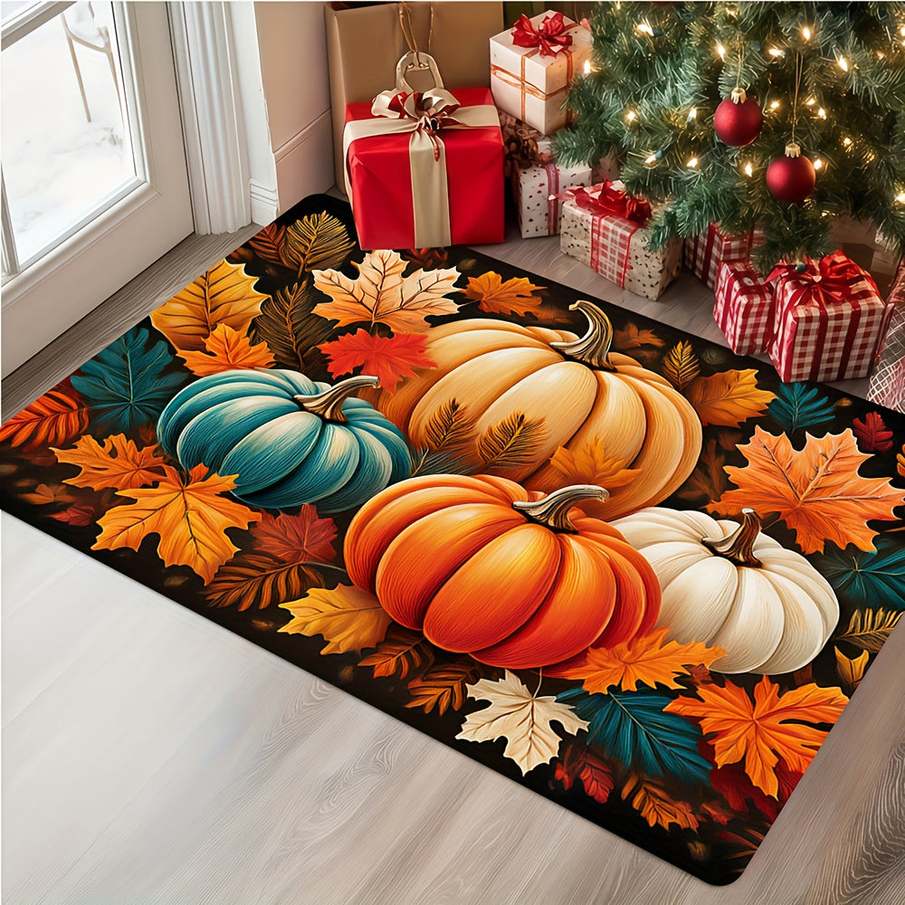 1pc Autumn Harvest Pumpkin & Leaf Patterned Doormat - Vibrant Fall Colors, Durable Polyester, Machine Washable, Rectangular Welcome Mat for Home Entrance, Perfect For Thanksgiving & Christmas Decor, Fall Decorations