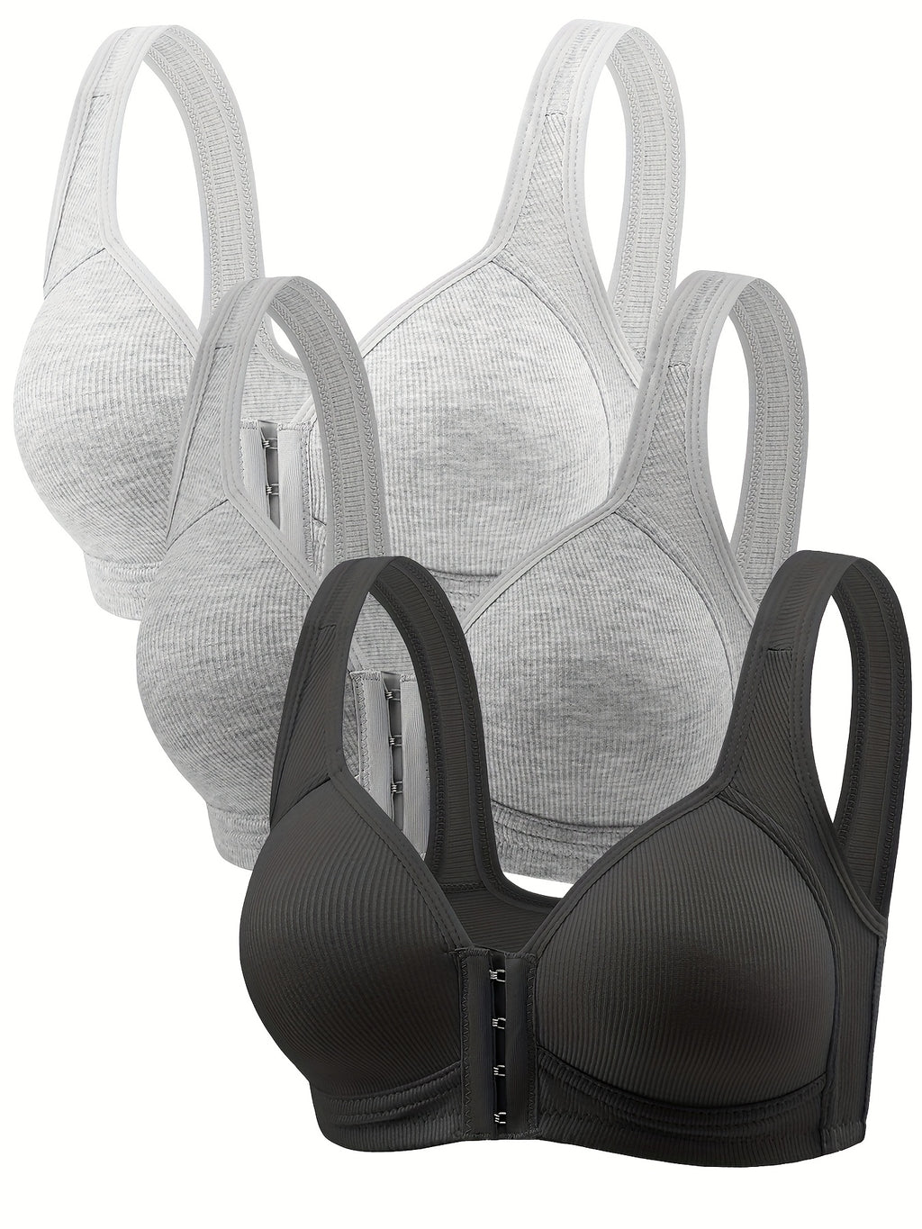 [3pcs Comfortable Bras] 3pcs Women's Bras - No Underwire Front Closure, Full Coverage, Soft Breathable High Elasticity, Striped Design with Fixed Padded Cups, Elegant Round Neckline for Everyday Comfort & Support, Comfortable