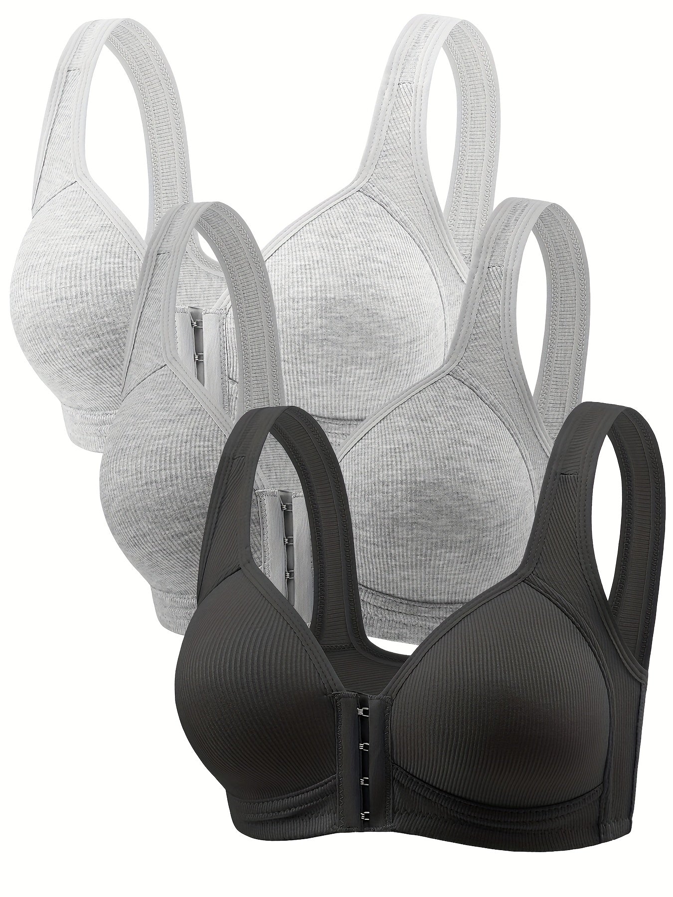 [3pcs Comfortable Bras] 3pcs Women's Bras - No Underwire Front Closure, Full Coverage, Soft Breathable High Elasticity, Striped Design with Fixed Padded Cups, Elegant Round Neckline for Everyday Comfort & Support, Comfortable