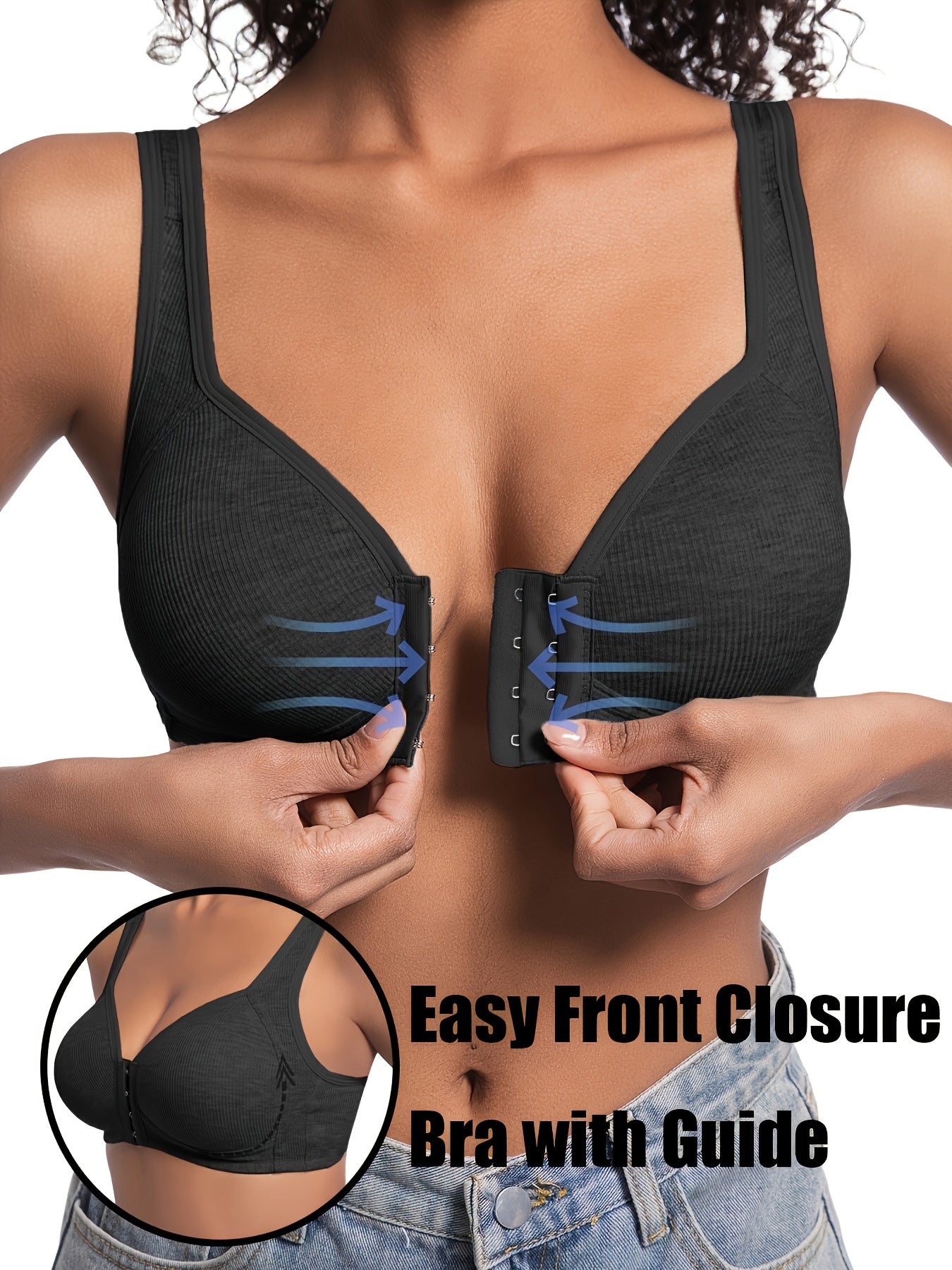 [3pcs Comfortable Bras] 3pcs Women's Bras - No Underwire Front Closure, Full Coverage, Soft Breathable High Elasticity, Striped Design with Fixed Padded Cups, Elegant Round Neckline for Everyday Comfort & Support, Comfortable