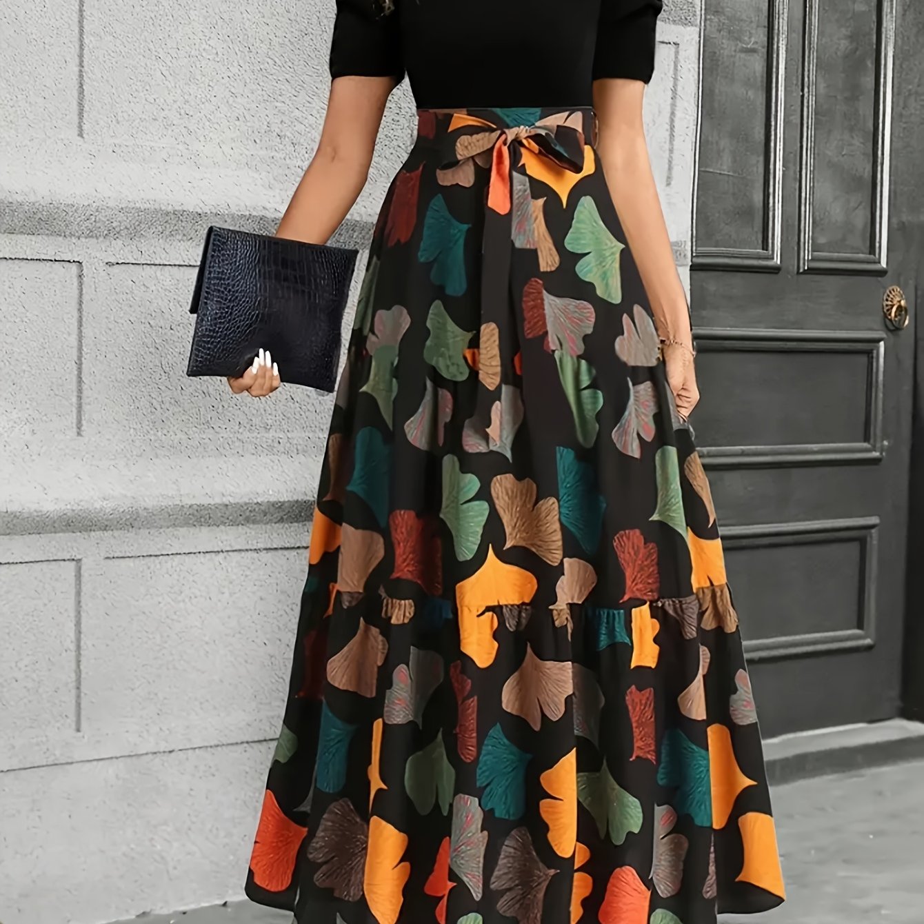 Women's Elegant A-Line Geometric Print Midi Dress with Puff Sleeves & Bow Detail - Vibrant Orange/Teal/Black/White/Green, Round Neck, Machine Washable, Spring Summer Casual to Semi-Formal Wear, Seasonal Fashion, Feminine Styl