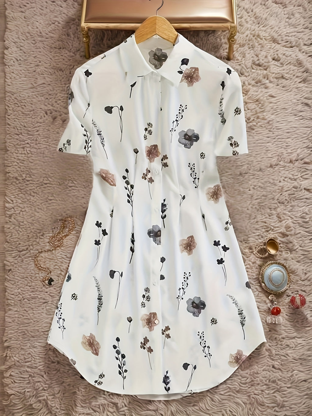 Chic Floral Print Short Sleeve Dress - Elegant Casual Spring, Summer, Autumn Women's Shirt Dress