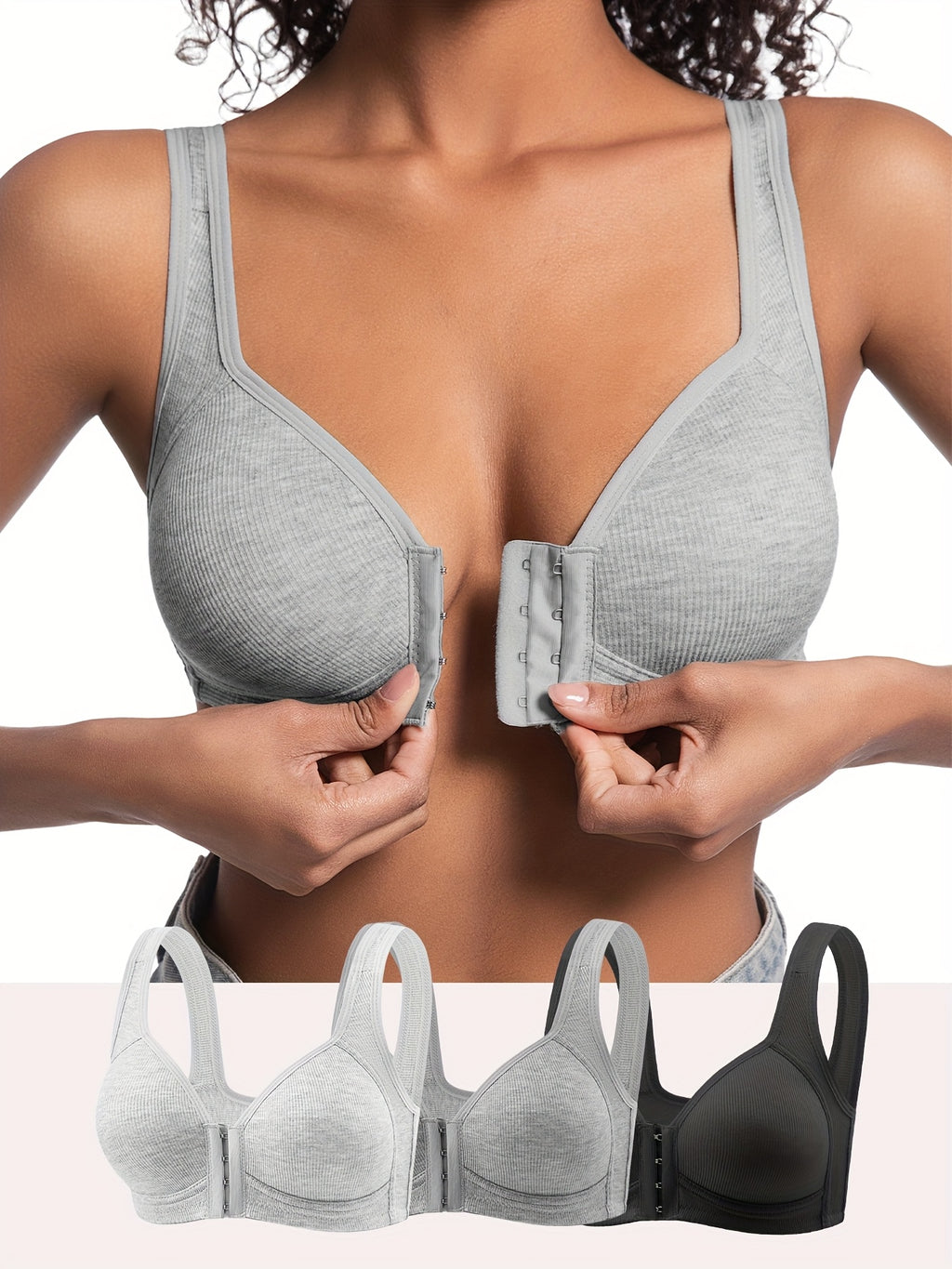 [3pcs Comfortable Bras] 3pcs Women's Bras - No Underwire Front Closure, Full Coverage, Soft Breathable High Elasticity, Striped Design with Fixed Padded Cups, Elegant Round Neckline for Everyday Comfort & Support, Comfortable