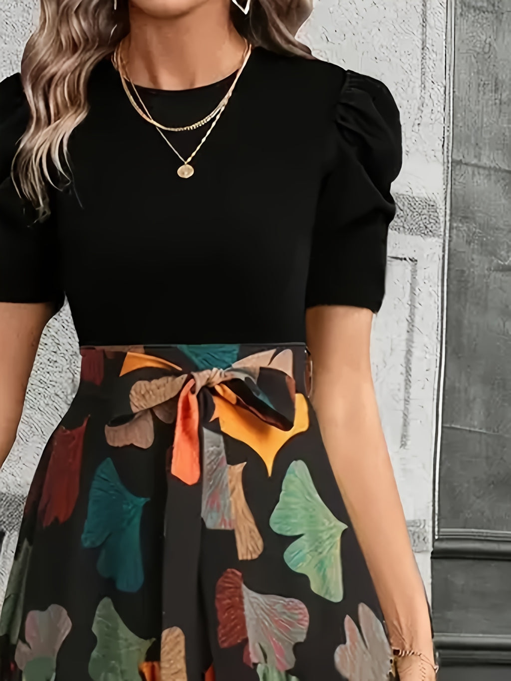 Women's Elegant A-Line Geometric Print Midi Dress with Puff Sleeves & Bow Detail - Vibrant Orange/Teal/Black/White/Green, Round Neck, Machine Washable, Spring Summer Casual to Semi-Formal Wear, Seasonal Fashion, Feminine Styl