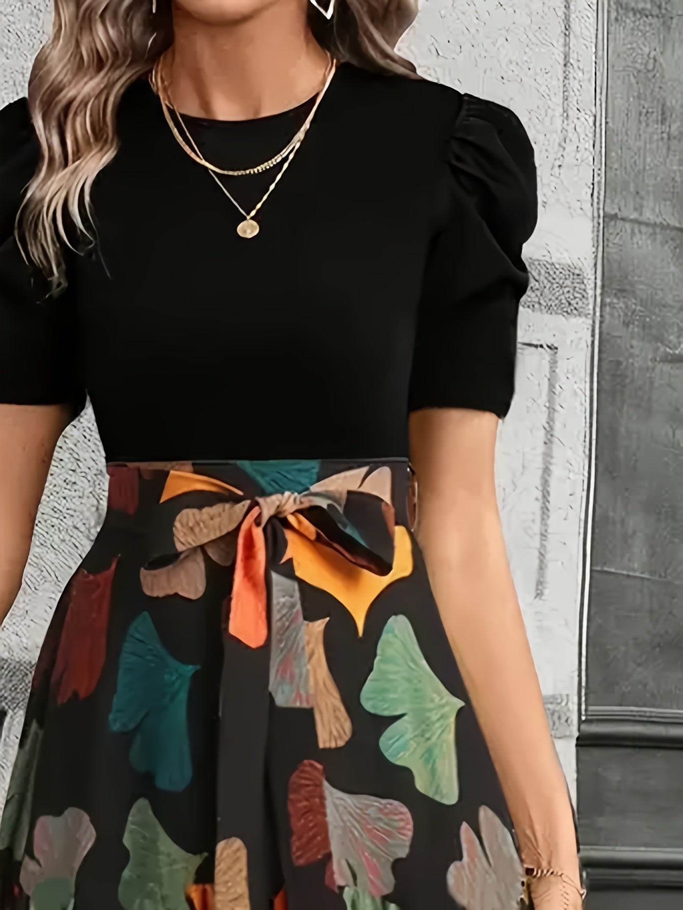 Women's Elegant A-Line Geometric Print Midi Dress with Puff Sleeves & Bow Detail - Vibrant Orange/Teal/Black/White/Green, Round Neck, Machine Washable, Spring Summer Casual to Semi-Formal Wear, Seasonal Fashion, Feminine Styl
