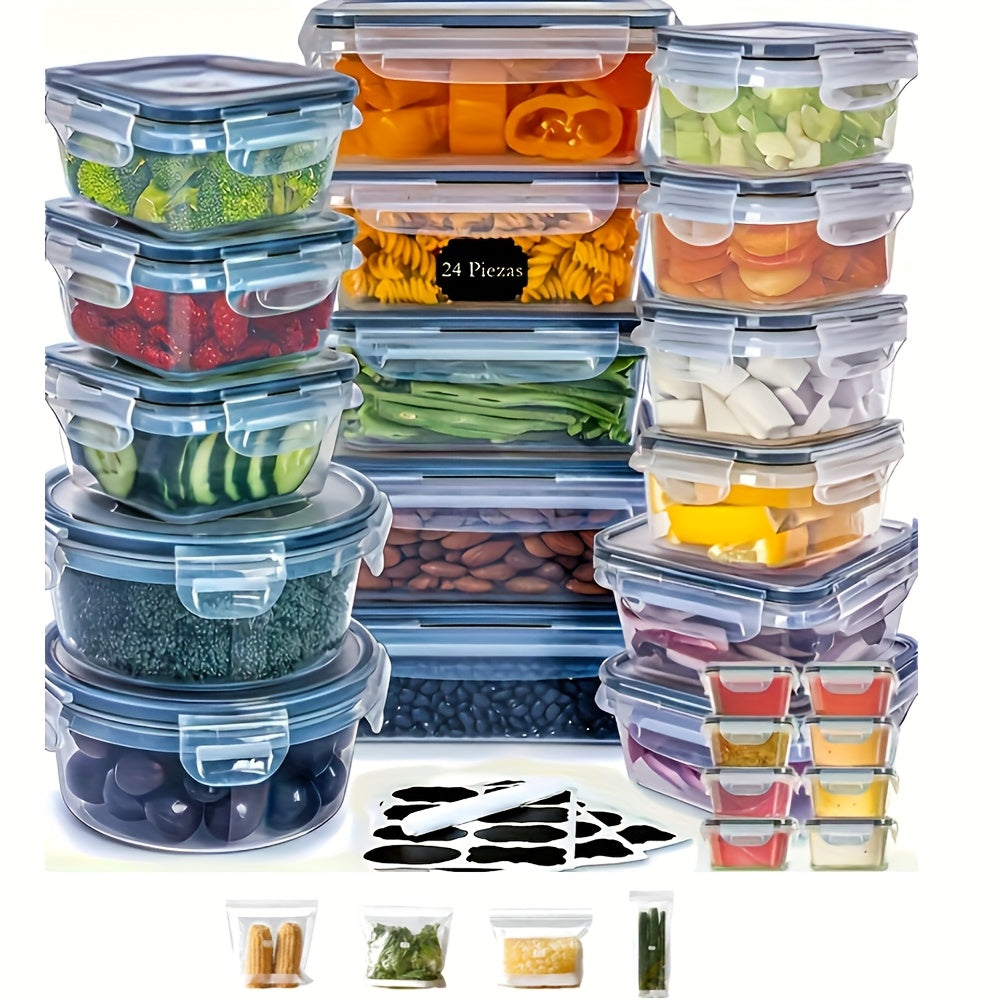 48pcs luxury food storage container set of high quality - sealed design, BPA free, easy to fasten lid, stackable microwave safe - including 24 containers, 24 lids, free labels, and kitchen storage marker pen