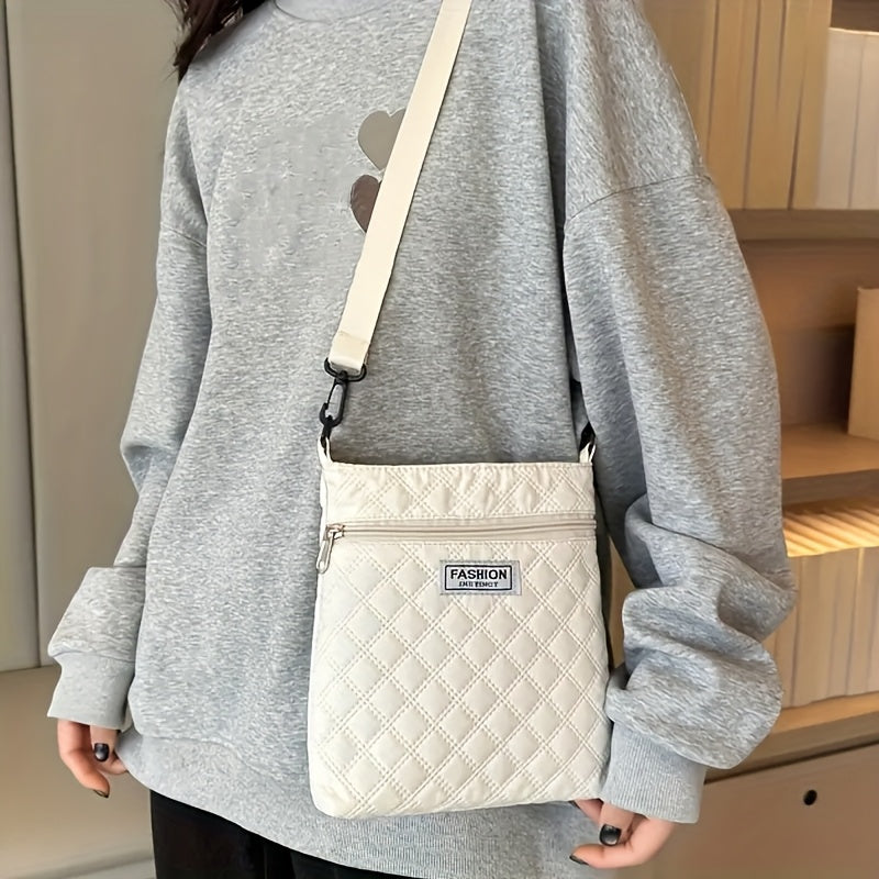 Perfect Lily Women'S Vintage Quilted Shoulder Bag - Adjustable Strap, Lightweight Nylon Crossbody with Zipper Closure, Multiple Compartments for Daily Commute, Shopping & Gym, White with Red Accents, Crossbody Purse, Everyday