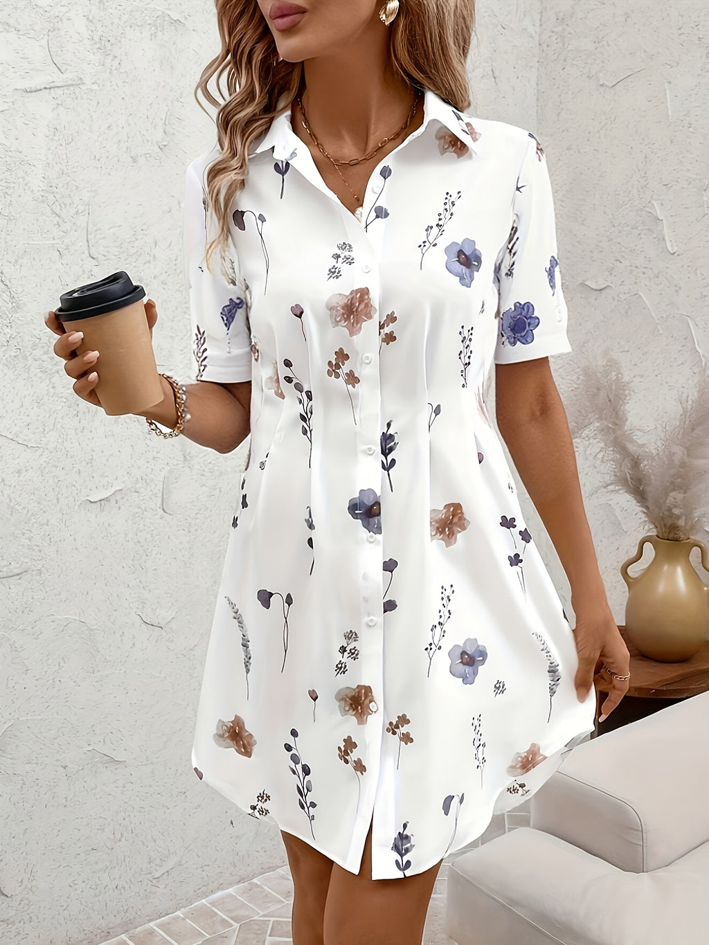 Chic Floral Print Short Sleeve Dress - Elegant Casual Spring, Summer, Autumn Women's Shirt Dress