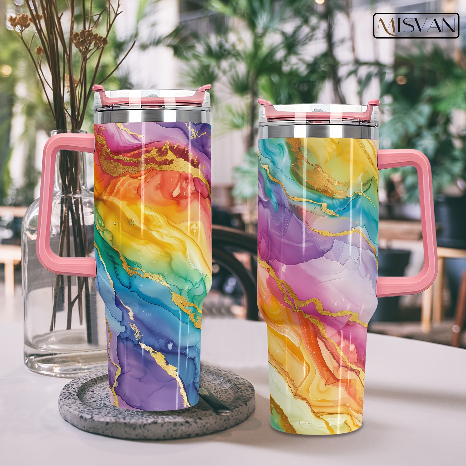 40oz MISVAN Stainless Steel Tumbler with Sliding Lid – Vibrant Gradient Color Pattern, BPA-Free, Break-Resistant, Reusable Oval Cup for Hot & Cold Beverages, Perfect Gift for Easter, Hanukkah, Arbor Day, Thanksgiving, and M