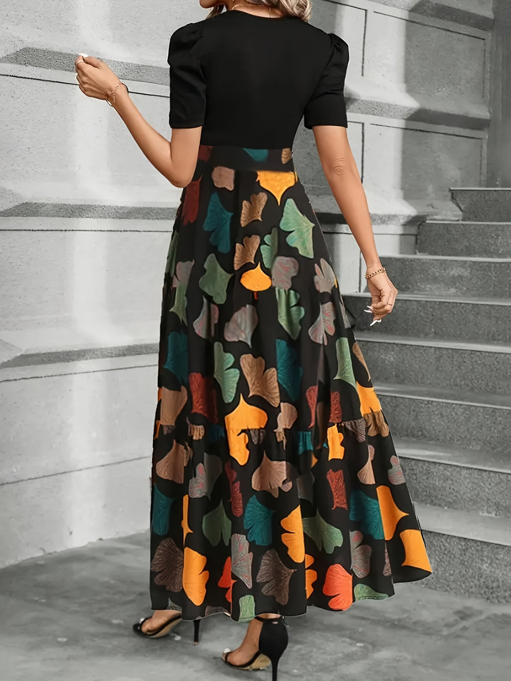 Women's Elegant A-Line Geometric Print Midi Dress with Puff Sleeves & Bow Detail - Vibrant Orange/Teal/Black/White/Green, Round Neck, Machine Washable, Spring Summer Casual to Semi-Formal Wear, Seasonal Fashion, Feminine Styl