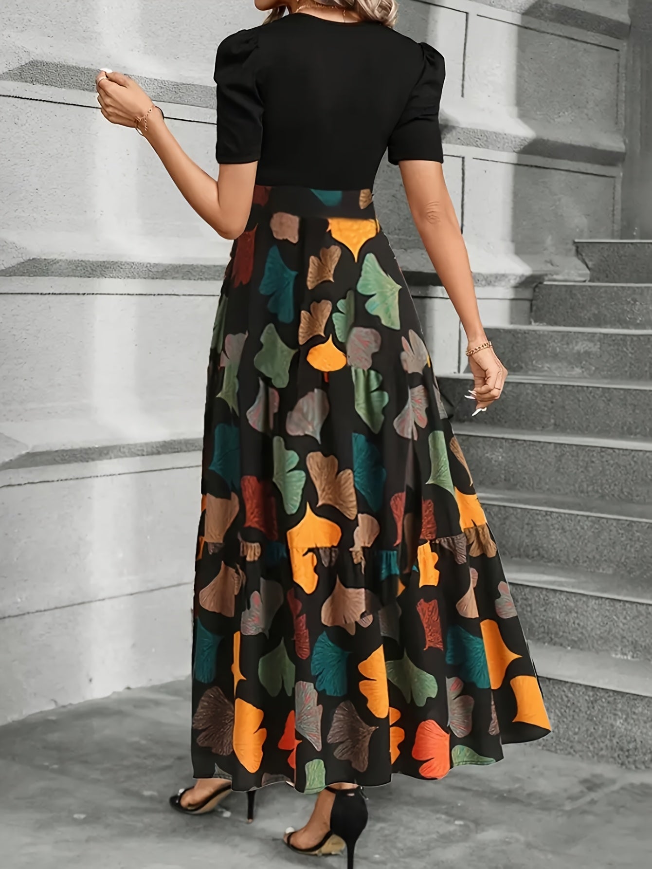 Women's Elegant A-Line Geometric Print Midi Dress with Puff Sleeves & Bow Detail - Vibrant Orange/Teal/Black/White/Green, Round Neck, Machine Washable, Spring Summer Casual to Semi-Formal Wear, Seasonal Fashion, Feminine Styl