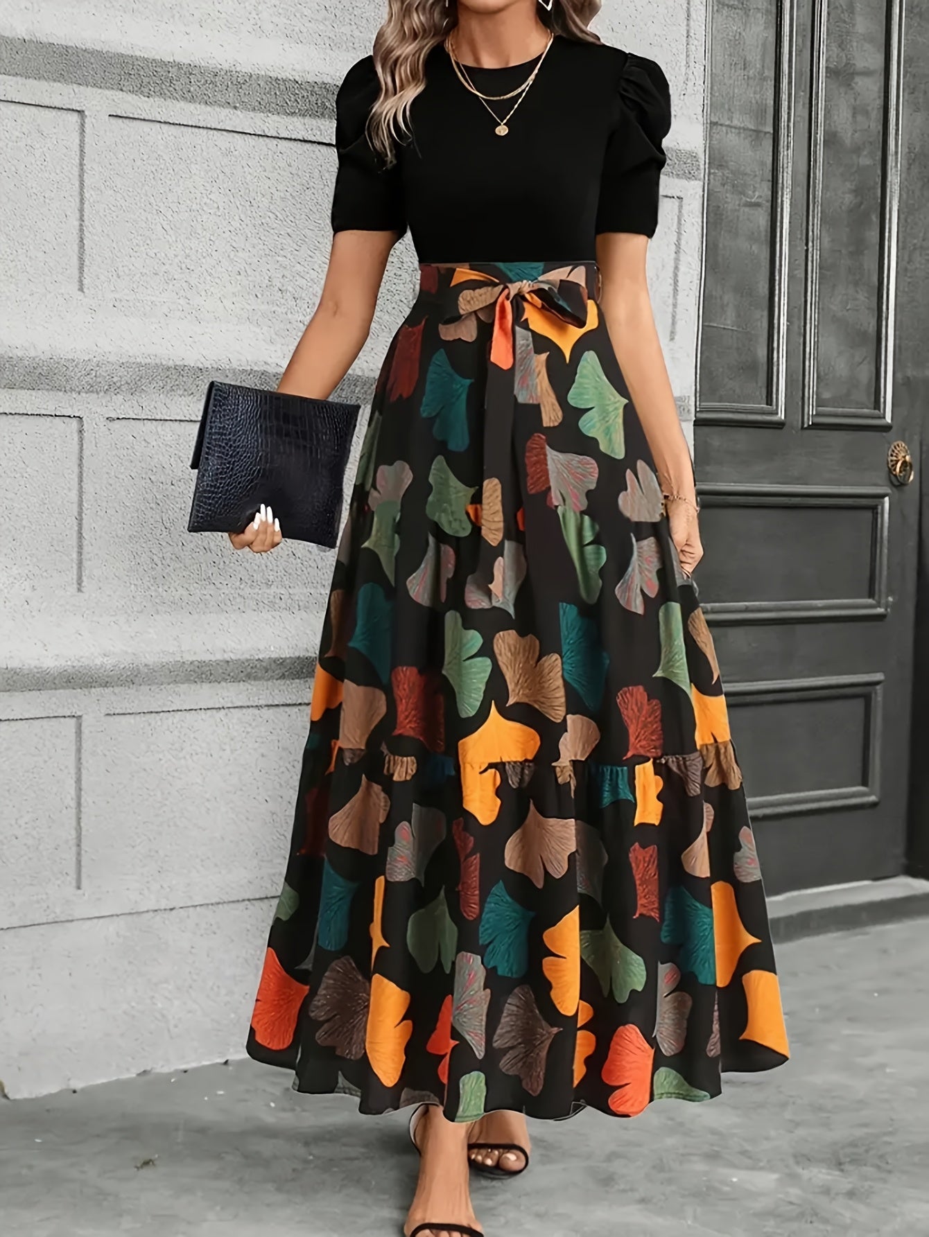 Women's Elegant A-Line Geometric Print Midi Dress with Puff Sleeves & Bow Detail - Vibrant Orange/Teal/Black/White/Green, Round Neck, Machine Washable, Spring Summer Casual to Semi-Formal Wear, Seasonal Fashion, Feminine Styl