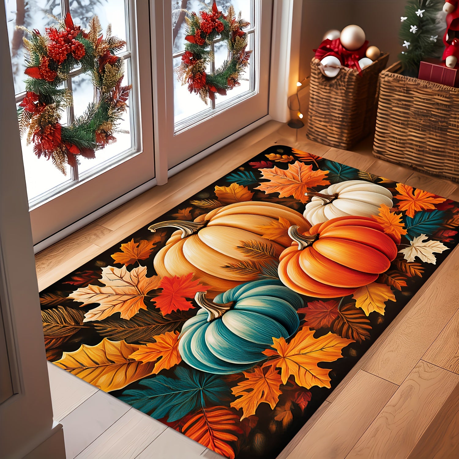 1pc Autumn Harvest Pumpkin & Leaf Patterned Doormat - Vibrant Fall Colors, Durable Polyester, Machine Washable, Rectangular Welcome Mat for Home Entrance, Perfect For Thanksgiving & Christmas Decor, Fall Decorations