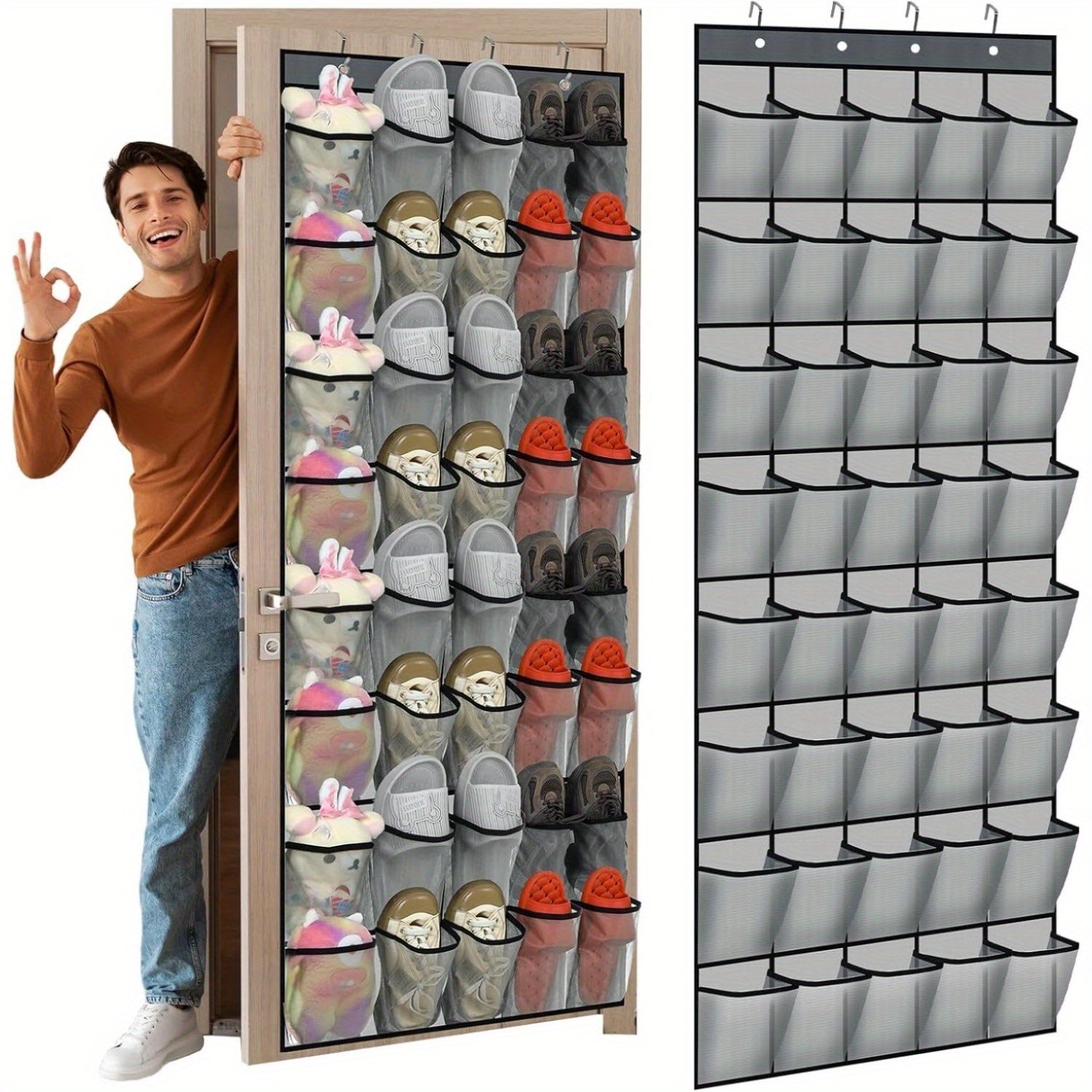 40-Pocket Over The Door Shoe Organizer | Large Mesh Hanging Rack with Nonslip Design | Gray Behind Door Storage for Closet, Dorm Room & College | Space-Saving Solution for Back to School & Classroom Organization, Shoe Storage