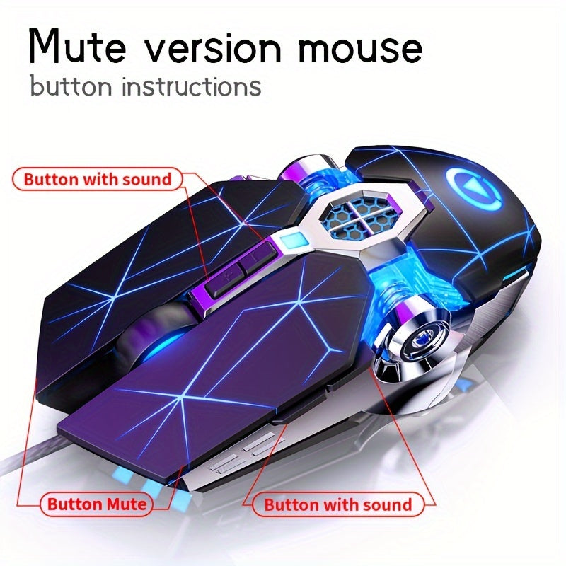 Silvery Carved Wired Mouse for E-Sports Gaming, Silent and Sound Chicken-Eating Mouse Macro for Desktops and Laptops