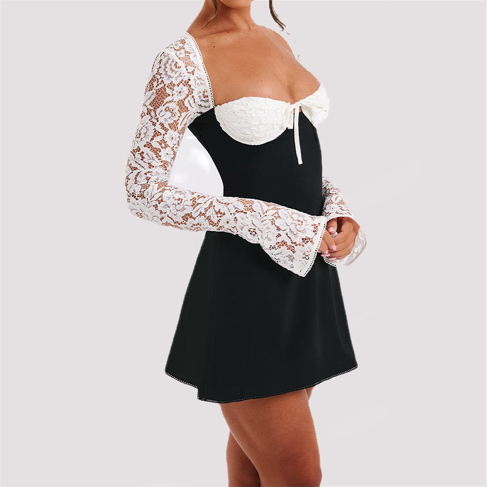 Y2K  Lace Long Sleeve Dress Fashion Sexy Corset Backless Lace Up Short Dresses Womens Clothing