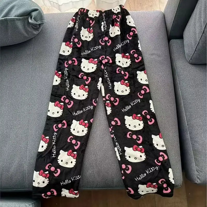 Sanrio Hello Kitty Pajama Pants Flannel Cartoon Fashion Trousers Autumn Winter Plush Casual Home Pant Comfortable Cute Pajamas