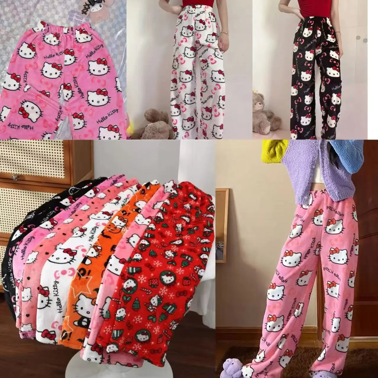 Sanrio Hello Kitty Pajama Pants Flannel Cartoon Fashion Trousers Autumn Winter Plush Casual Home Pant Comfortable Cute Pajamas