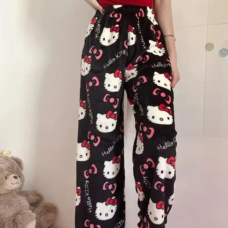 Sanrio Hello Kitty Pajama Pants Flannel Cartoon Fashion Trousers Autumn Winter Plush Casual Home Pant Comfortable Cute Pajamas