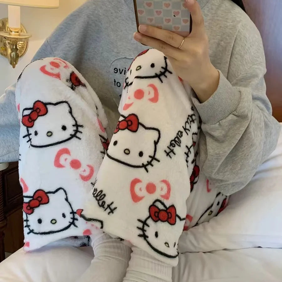 Sanrio Hello Kitty Pajama Pants Flannel Cartoon Fashion Trousers Autumn Winter Plush Casual Home Pant Comfortable Cute Pajamas