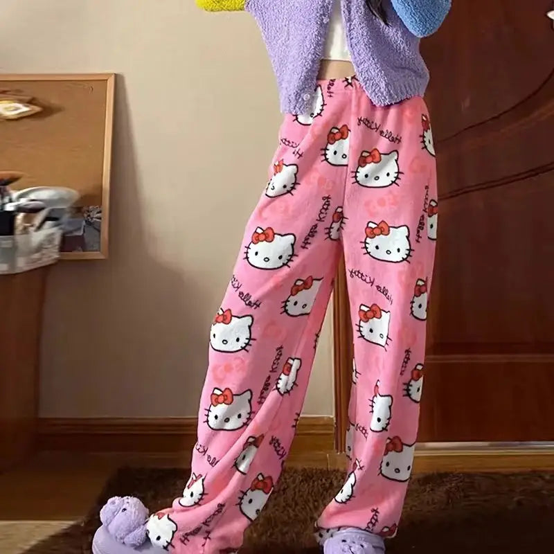 Sanrio Hello Kitty Pajama Pants Flannel Cartoon Fashion Trousers Autumn Winter Plush Casual Home Pant Comfortable Cute Pajamas