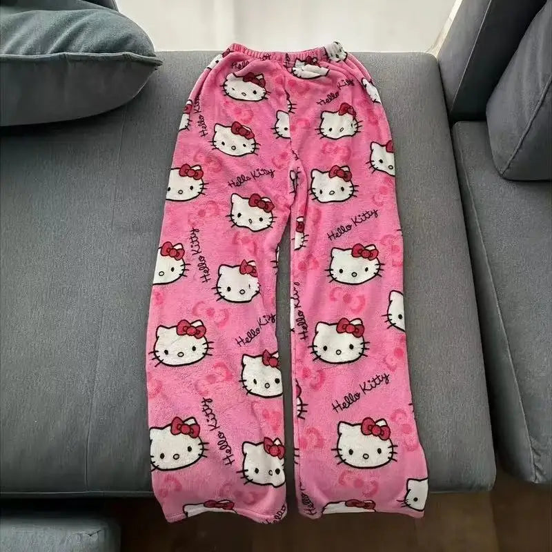 Sanrio Hello Kitty Pajama Pants Flannel Cartoon Fashion Trousers Autumn Winter Plush Casual Home Pant Comfortable Cute Pajamas