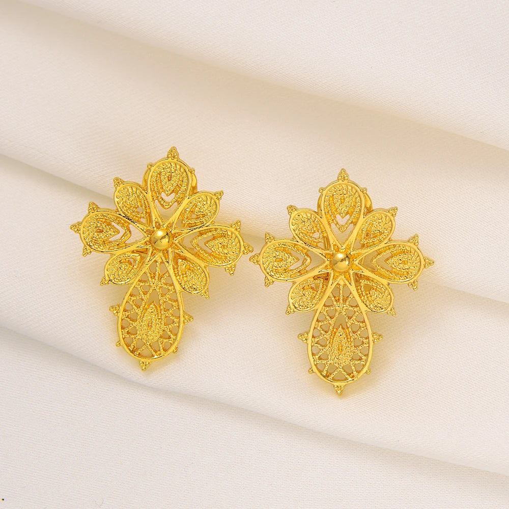Ethiopian Gold Color Cross Jewelry  Necklace Ring Earrings  Golden Plated Eritrea Sets Women's  Wedding Party Gift