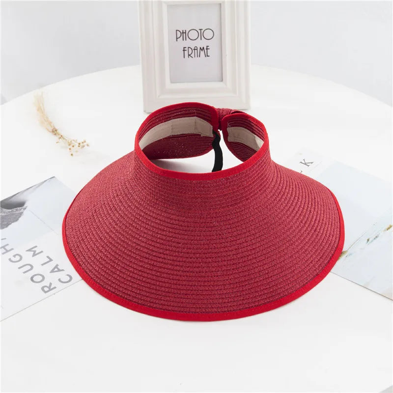 Summer Women's Holiday Beach Hat New Wholesale Ladies Girl Topless Empty Bow Sun Visor Hat Sunshade Protection Straw Hats