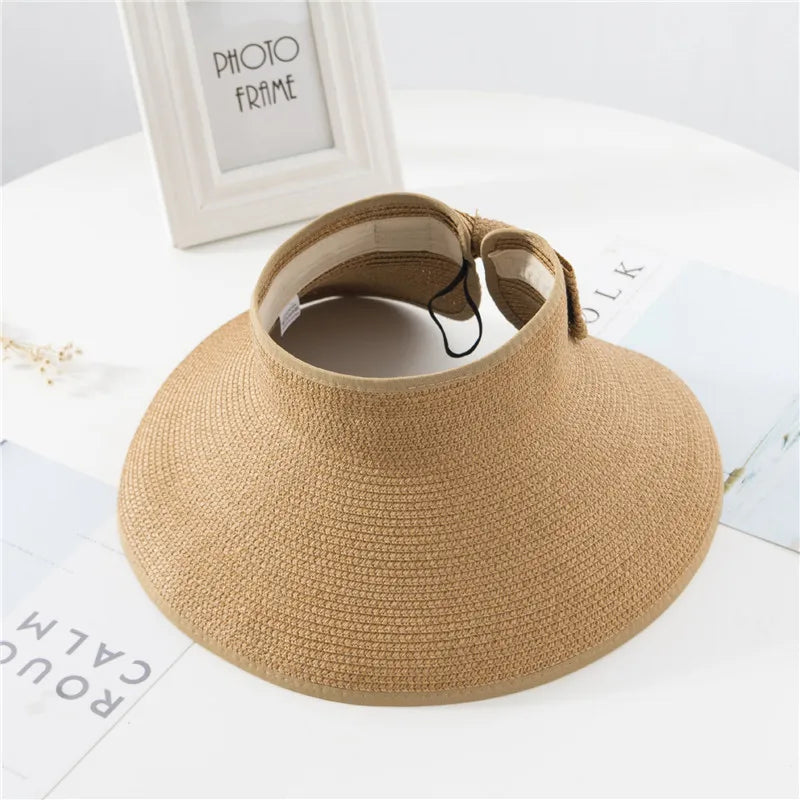 Summer Women's Holiday Beach Hat New Wholesale Ladies Girl Topless Empty Bow Sun Visor Hat Sunshade Protection Straw Hats