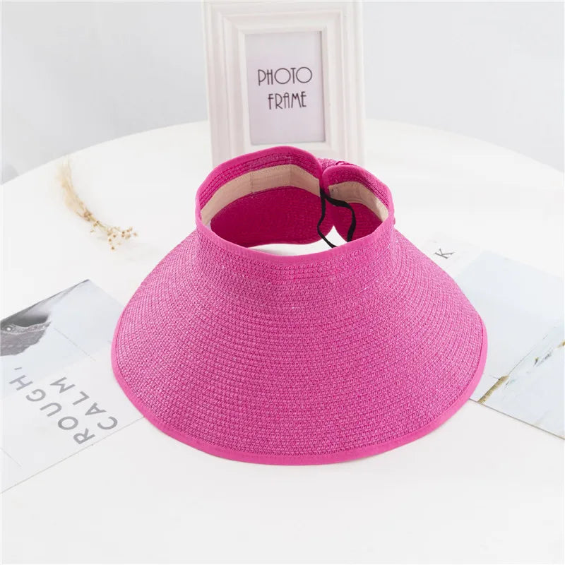 Summer Women's Holiday Beach Hat New Wholesale Ladies Girl Topless Empty Bow Sun Visor Hat Sunshade Protection Straw Hats