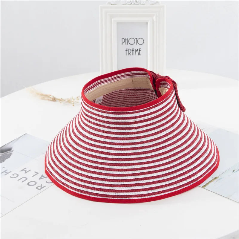 Summer Women's Holiday Beach Hat New Wholesale Ladies Girl Topless Empty Bow Sun Visor Hat Sunshade Protection Straw Hats