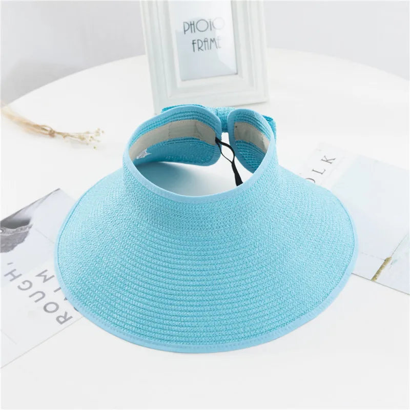 Summer Women's Holiday Beach Hat New Wholesale Ladies Girl Topless Empty Bow Sun Visor Hat Sunshade Protection Straw Hats