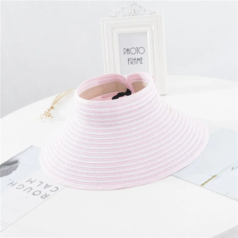 Summer Women's Holiday Beach Hat New Wholesale Ladies Girl Topless Empty Bow Sun Visor Hat Sunshade Protection Straw Hats