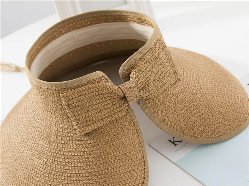 Summer Women's Holiday Beach Hat New Wholesale Ladies Girl Topless Empty Bow Sun Visor Hat Sunshade Protection Straw Hats
