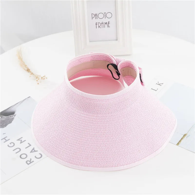 Summer Women's Holiday Beach Hat New Wholesale Ladies Girl Topless Empty Bow Sun Visor Hat Sunshade Protection Straw Hats