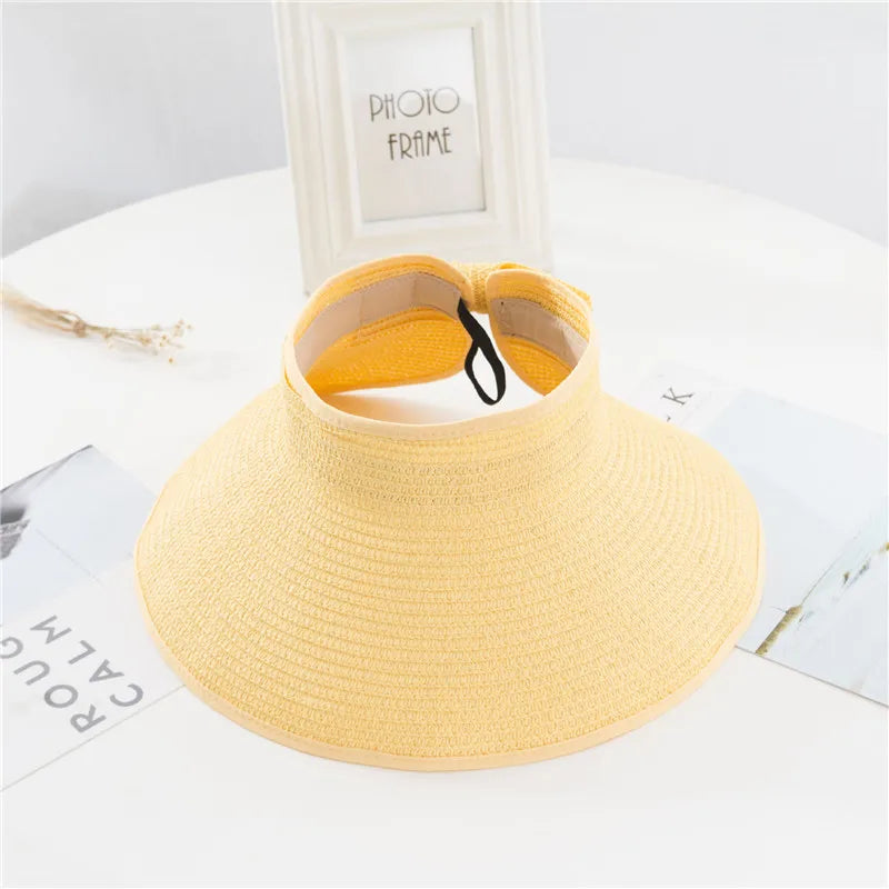 Summer Women's Holiday Beach Hat New Wholesale Ladies Girl Topless Empty Bow Sun Visor Hat Sunshade Protection Straw Hats