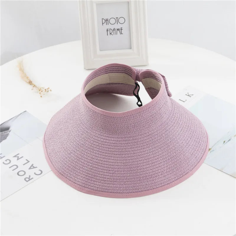 Summer Women's Holiday Beach Hat New Wholesale Ladies Girl Topless Empty Bow Sun Visor Hat Sunshade Protection Straw Hats