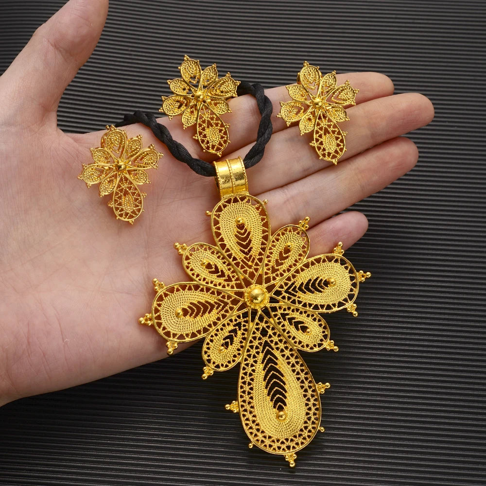 Ethiopian Gold Color Cross Jewelry  Necklace Ring Earrings  Golden Plated Eritrea Sets Women's  Wedding Party Gift