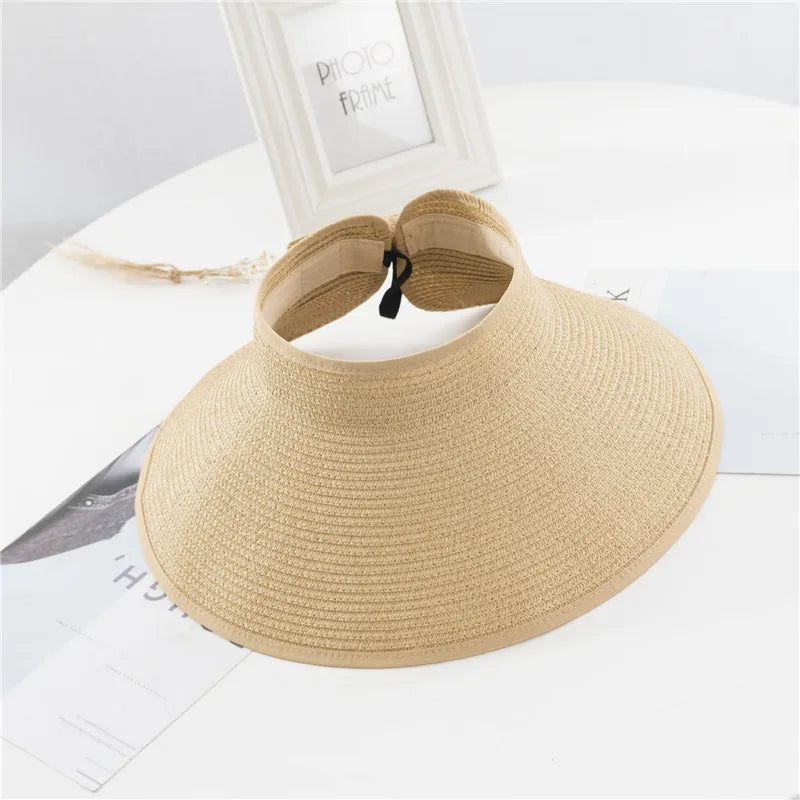 Summer Women's Holiday Beach Hat New Wholesale Ladies Girl Topless Empty Bow Sun Visor Hat Sunshade Protection Straw Hats