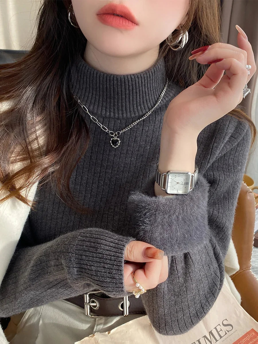 Sweater For Women Winter Thicken Turtleneck Slim Knit Pullover New Warm Plush Velvet Lined Knitwear Jumper Tops Casual Poleras