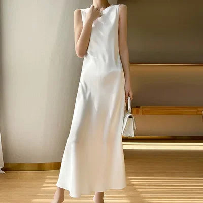 Woman's Long Dress Off Shoulder High Waist Silk Satin A-line Midi Dress O-neck Sleeveless Evening Dresses Robe Femme Sundress