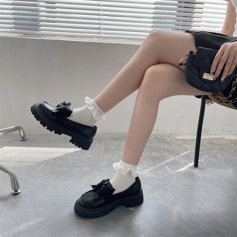 Women Flat Shoes Bow Leather Shoes Ladies 2024 New Autumn Thick Heel Loafers Woman Fashion Comfortable Work Shoes Zapatos