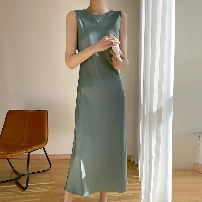 Woman's Long Dress Off Shoulder High Waist Silk Satin A-line Midi Dress O-neck Sleeveless Evening Dresses Robe Femme Sundress