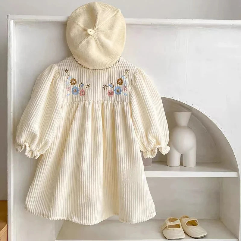Kids Outfits Autumn Baby Girl Corduroy Princess Dress Embroidered Flowers Puff Sleeve Dress Children Retro Casual Loose Dresses