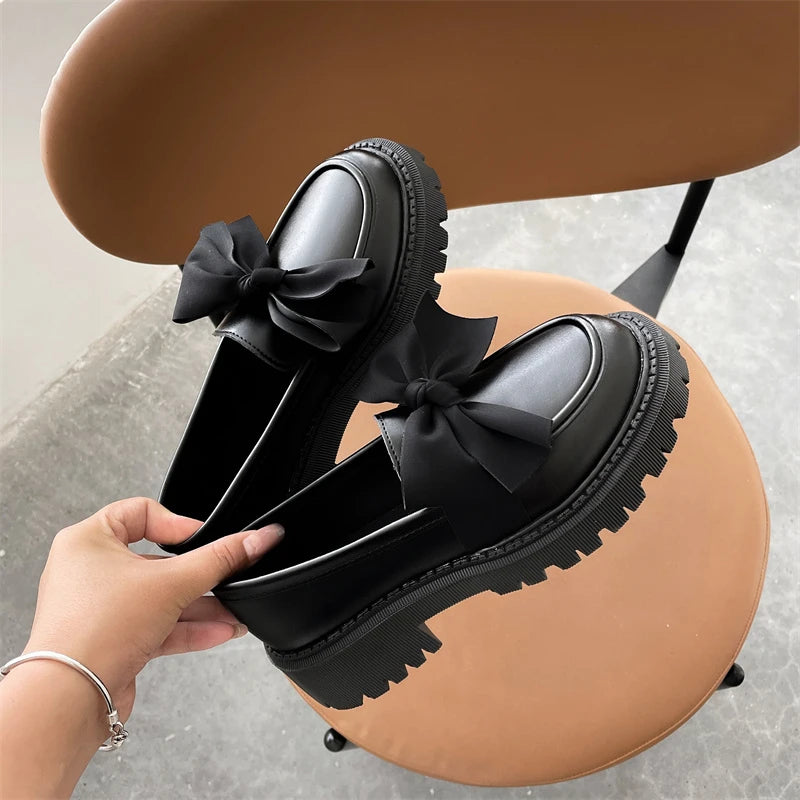 Women Flat Shoes Bow Leather Shoes Ladies 2024 New Autumn Thick Heel Loafers Woman Fashion Comfortable Work Shoes Zapatos