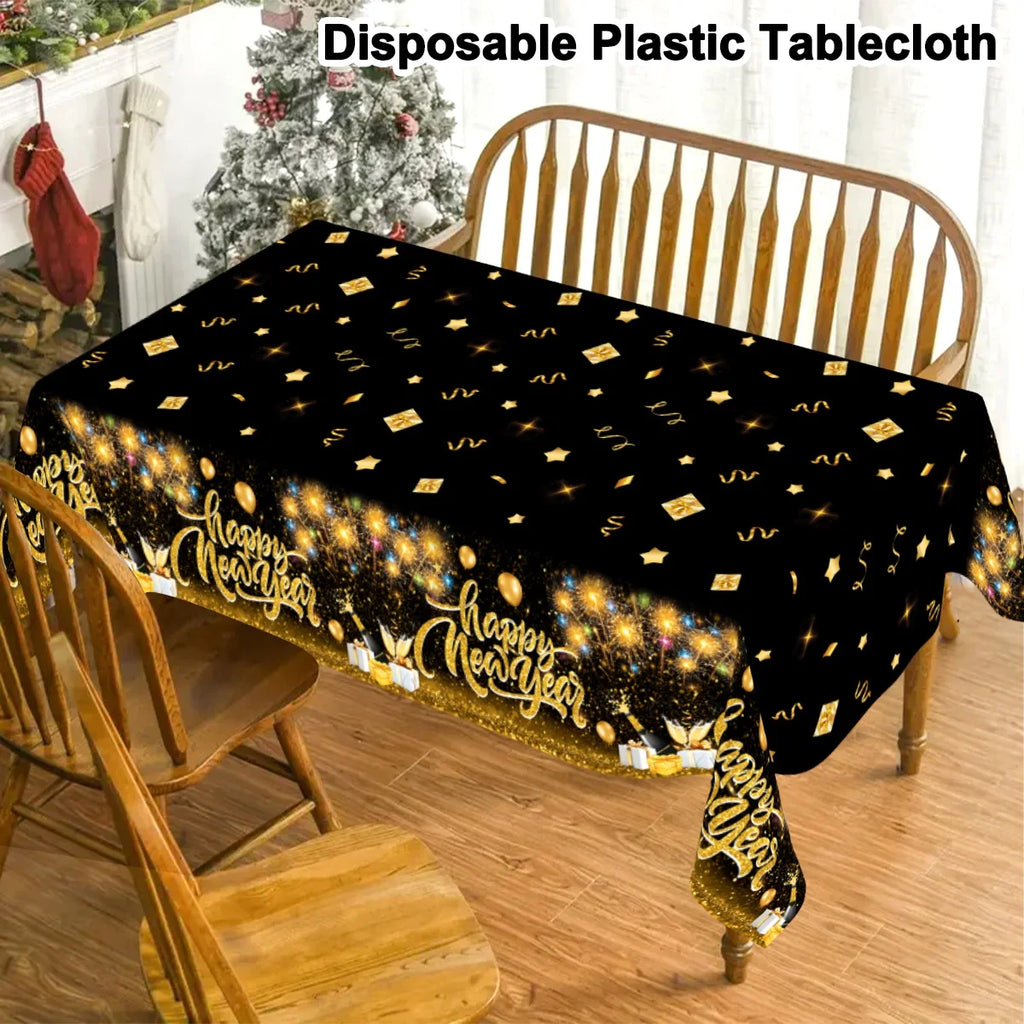 2026 Happy New Year Tablecloth Plastic Table Cover Happy New Year Decorations 2026 for Home Kitchen Dinning Room Table Decor