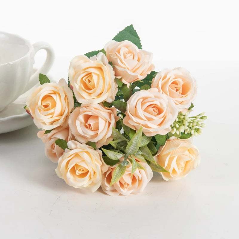 10 Heads Artificial Flowers Scrapbooking Silk Roses Christmas Wedding Party Bouquet Household Products Vases for Home Decoration