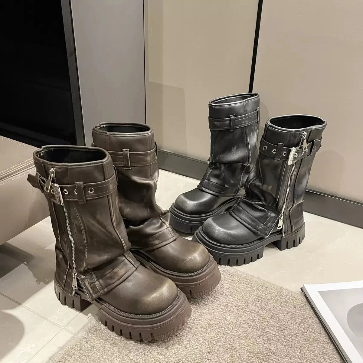 Winter Women Biker Boots Fashion Belt Buckle Ladies Elegant Platform Long Pipe Booties Casual Women's Knee High Booties2024